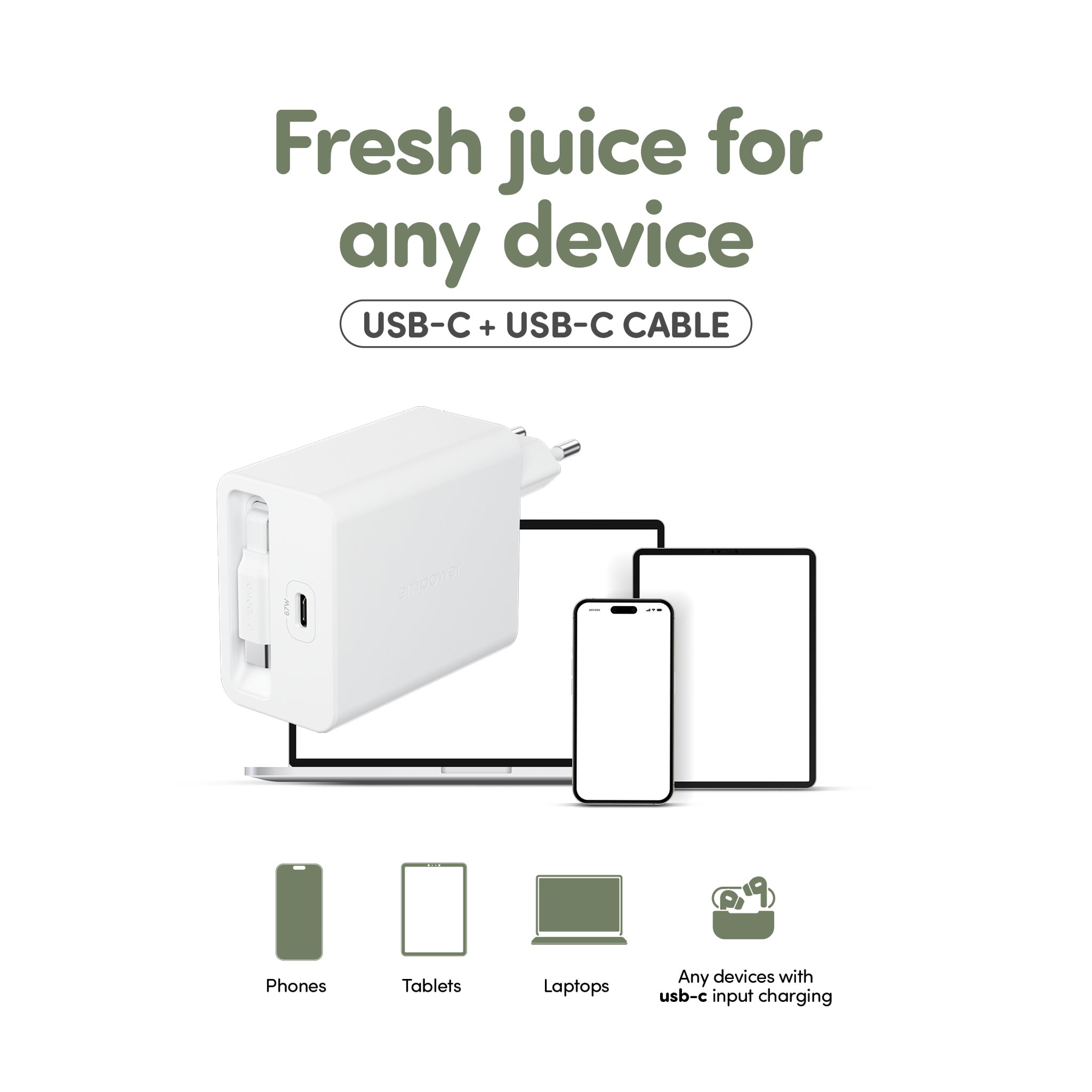 empower™ by PanzerGlass® Turbo 67W Retractable Cable Guy Oplader inkl. USB-C Kabel | EU Stik | Silver White